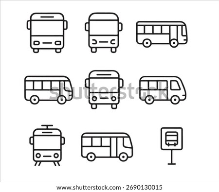 Bus modern icon set. City Bus icon set. Minimal thin line web icons set. Contain linear sign transportation, shuttle, car and more. Art and illustration