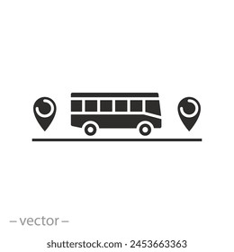 Busbewegung zu einem Punkt auf der Karte Symbol, Personenbeförderung, flaches Symbol auf weißem Hintergrund - Vektorillustration