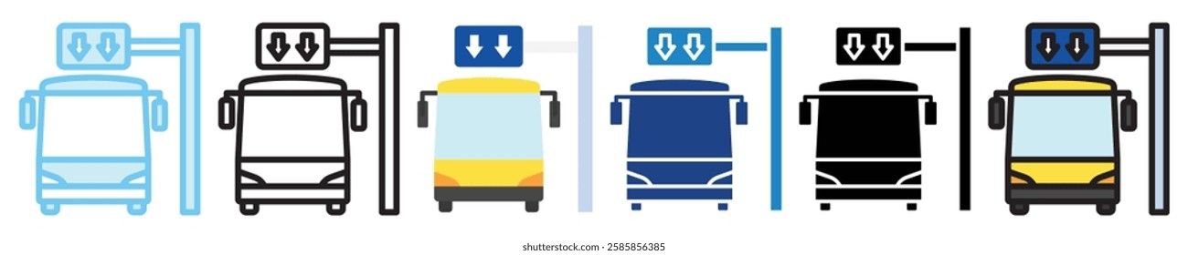 Bus multi style, mini illustration icon. outline, flat, glyph, line color, UI, UX kit, app, web development, digital or print. For education, construction, transportation, traffic management.