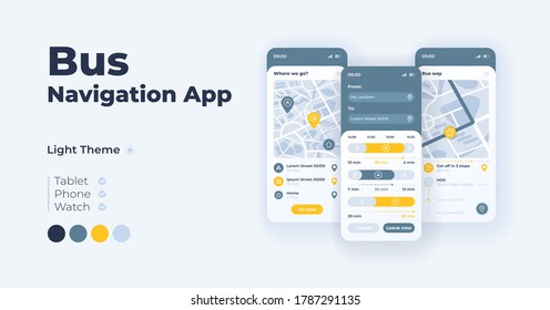 Bus navigation cartoon smartphone interface vector templates set. Mobile app screen page light mode design. Public transport routing schedule UI for application. Phone display with flat illustration