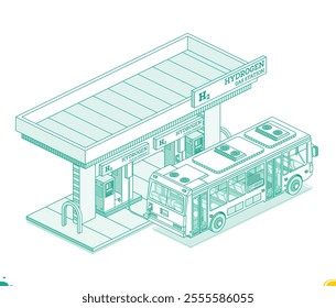 Bus near hydrogen fuel filling station h2. Isometric outline concept. Vector illustration. Object isolated on white background. Clean ecology energy. Alternative energy and zero emission.