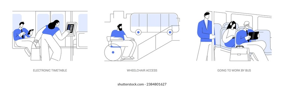 Bus network abstract concept vector illustration set. City bus electronic timetable, wheelchair access, disabled passengers, going to work by public transport, rush hour abstract metaphor.