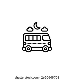 bus night adventure touring outline icon and illustration