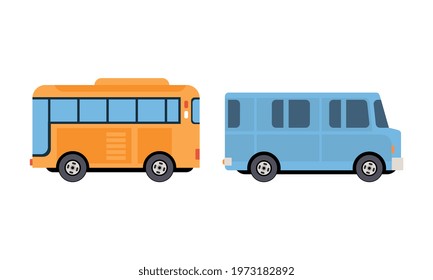 Bus or Omnibus as Road Vehicle for Carrying Passengers Vector Set