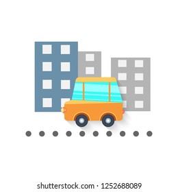 Еhe bus on the background buildings. Flat style. Vector