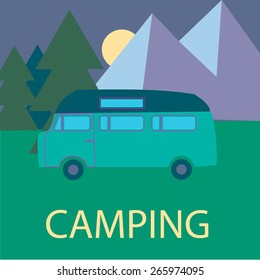 Bus on the background of the forest and mountains in the camp