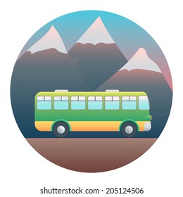 Bus on a Background of Mountains - Circle Detailed Illustration with Gradients and Clipping Mask Isolated on White