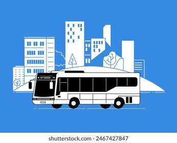 The bus on the background of the urban landscape. Line style. Urban infrastructure.