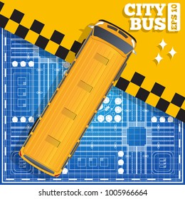The bus on a city plan. View from above. Vector illustration. 