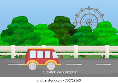 A bus on Highway road. Summer background Vector illustration
