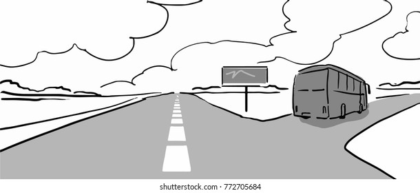 A bus on a Long-distance road. Black and white vector sketch. Simple drawing.