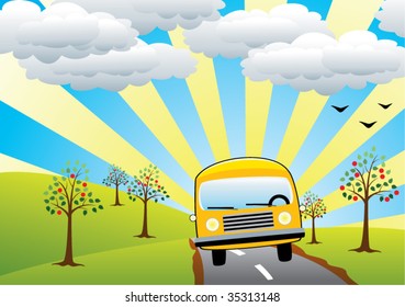 bus on the road, back to school vector