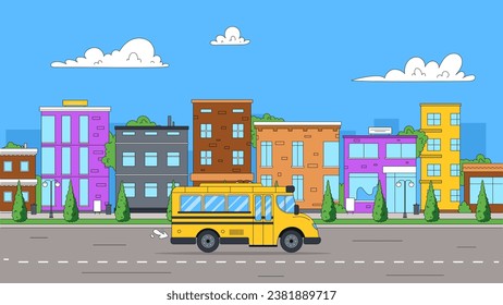 Bus-on-road Konzept. Gelber Verkehr auf der Autobahn im Hintergrund des Stadtbildes. Reisen, Ausflüge und Tourismus. Städtische Infrastruktur und Dienstleistungen. Poster oder Banner. Cartoon-Flavektor-Vektorgrafik