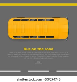 Bus on road conceptual web banner. Yellow bus goes on highway flat vector illustration. Modern urban transport and city traffic concept. For travel or public transport company landing page design 