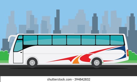 bus on the road illustration with city background 