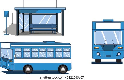 bus on a bus stop, flat style illustration. front and side