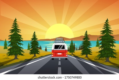 Bus on summer trip with sunset background