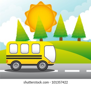 bus over street with trees and mountains. vector illustration