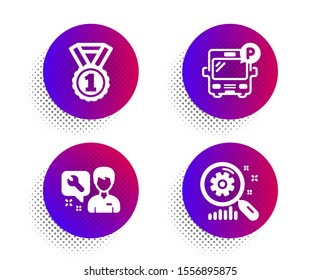 Bus parking, Best rank and Repairman icons simple set. Halftone dots button. Search statistics sign. Public park, Success medal, Repair service. Analysis. Business set. Vector