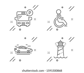Bus parking, Disabled and Car line icons set. Lighthouse sign. Public park, Handicapped wheelchair, Transport. Searchlight tower. Transportation set. Line bus parking outline icon. Vector