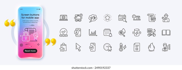 Bus parking, Online test and Alarm bell line icons for web app. Phone mockup gradient screen. Pack of Reject file, Book, Security contract pictogram icons. Vector