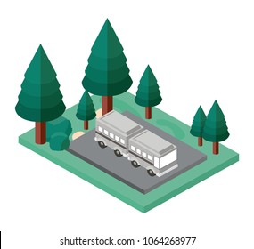 bus parking and trees scene isometric icon