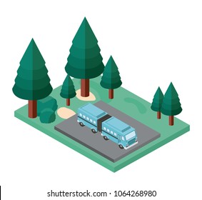 bus parking and trees scene isometric icon