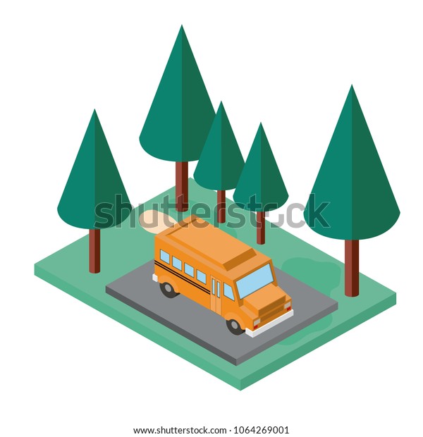bus parking and
trees scene isometric icon