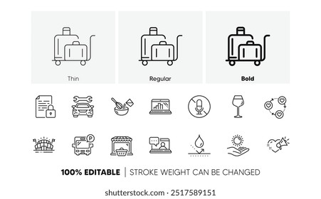 Bus parking, Waterproof and Sun protection line icons. Pack of Car, Online market, No microphone icon. Friends community, Lock, Bordeaux glass pictogram. Luggage trolley, Friends chat. Vector