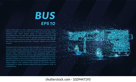 The bus from the particles. The bus consists of dots and circles. The blue bus on a dark background