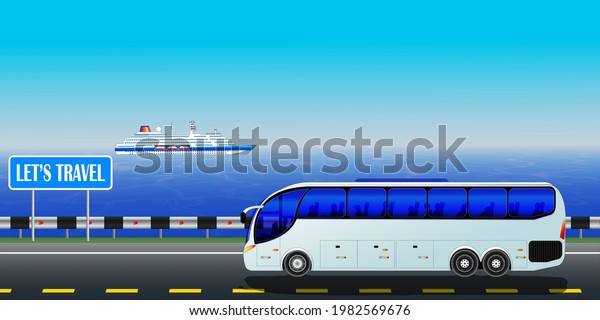 Bus Passenger Car On Road\
On Seascape Background. Travel Trip Holiday Banner Flat Vector\
Illustration