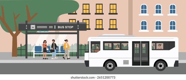 Bus passenger. Bus public transportation. City transportation. People at bus shelter. Bus pickup people. Buss stop at shelter. City landscape.