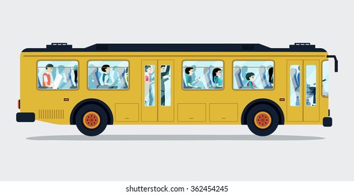 Bus passengers in the car with a white background.