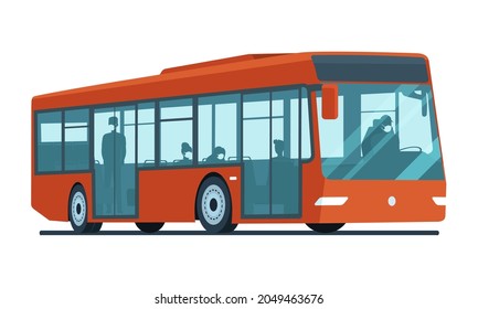 Bus With Passengers In Medical Masks Isolated. Vector Illustration.