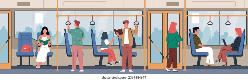 Bus passengers. People travel by public transport, men and women sit and stand. Citizens holding on to handrails, read books. City auto cartoon flat style isolated nowaday vector concept