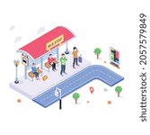 Bus passengers sitting at bus stand, isometric illustration 