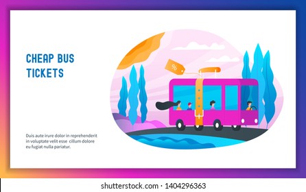 Bus with passengers traveling on the road. Cheap bus tickets concept. Modern vector illustration