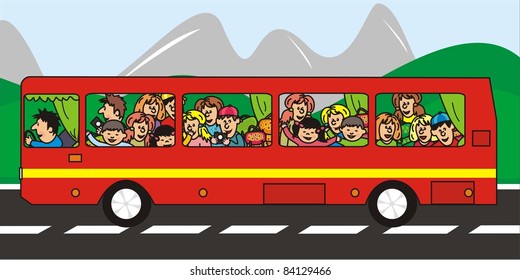 bus with people, school road trip, landscape, vector picture