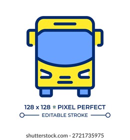 Icono de color de línea perfecta de píxeles de bus. Transporte público Populares. Cómodo transporte de pasajeros. Ruta de viaje. Ilustración vectorial aislada. Diseño de símbolo colorido plano. Trazo editable