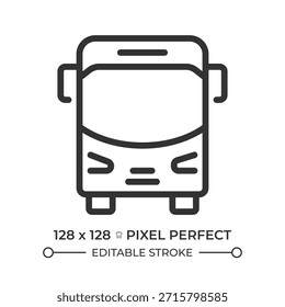 Icono de línea perfecta de píxeles de bus. Transporte público Populares. Cómodo transporte de pasajeros. Ruta de viaje. Ilustración vectorial aislada. Símbolo de contorno. Dibujo lineal simple. Trazo editable