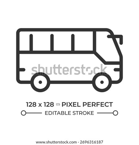 Bus pixel perfect line icon. Intercity coach. Airport shuttle vehicle. School transportation. Public transfer. Isolated vector illustration. Outline symbol. Simple linear drawing. Editable stroke