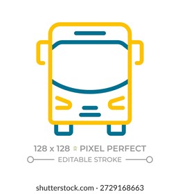 Píxel de bus perfecto icono de línea de dos colores. Transporte público Populares. Transporte de pasajeros. Ruta itinerante símbolo de contorno bicolor. Pictograma lineal duotono. Ilustración aislada. Trazo editable