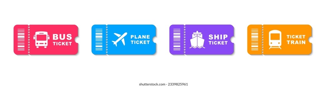 Bus, plane, ship and train ticket icon. Travel tickets for transport with barcode. Vector illustration.