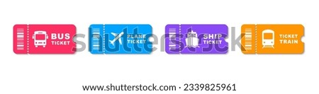 Bus, plane, ship and train ticket icon. Travel tickets for transport with barcode. Vector illustration.