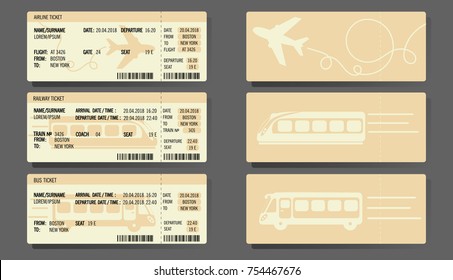 Bus Plane Train ticket concept design. Tickets for various transport and traveling. Vector illustration.