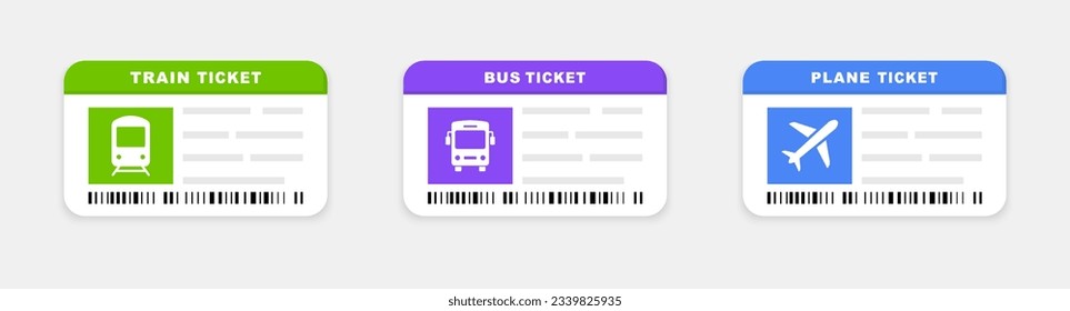 Bus, plane, and train ticket icon. Travel tickets for transport with barcode. Vector illustration.