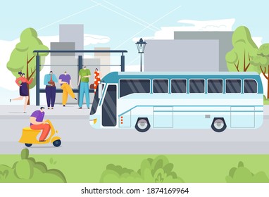 Bus public people transportation, travel from bus stop street road vector illustration. Passenger character waiting at transport station, flat city transport. Cartoon urban vehicle, outdoor transit.