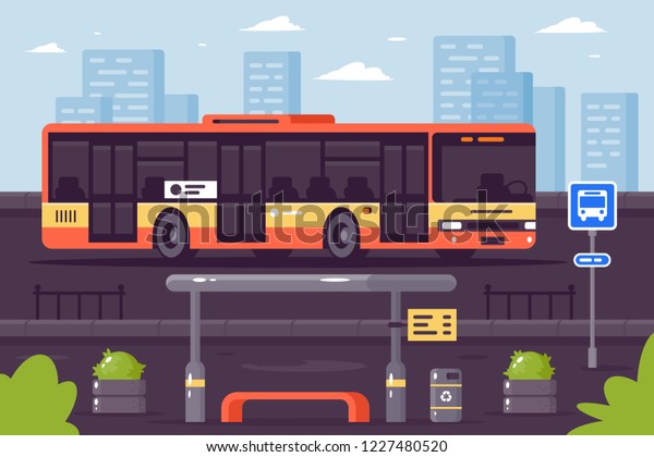 Bus public\
transport at the stop. Concept public transport, car for\
passengers, trip. Vector\
illustration.