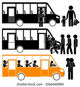 Bus as Public Transport at Bus Stop with Group of People Coming in. Dad Driver Concept. Stick Figure Pictogram Icon Vector