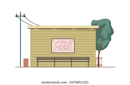 Bus or public transport stop or station with bench for sitting, board with route and arrival information. Vector commuting and traveling in city and town. Place for passengers to wait for vehicle